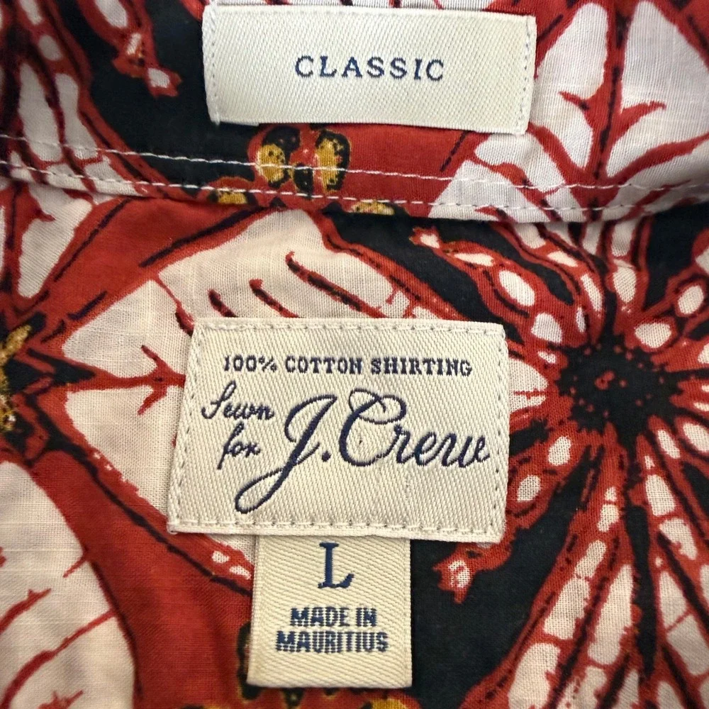 J.Crew Mens Classic Cotton Batik Floral Short‎ Sleeve Button Up Red Large Casual